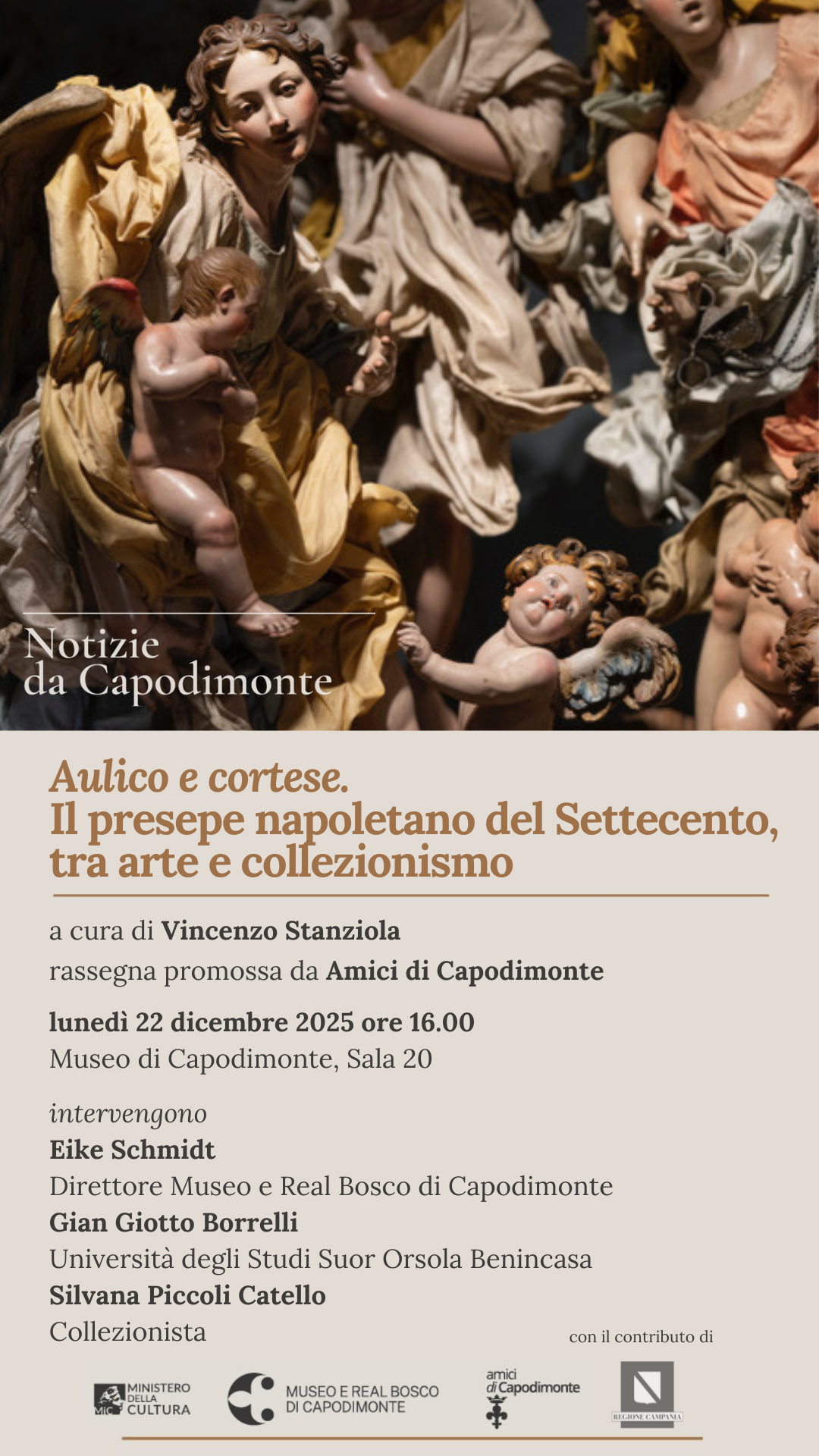 Al momento stai visualizzando <strong>NOTIZIE DA CAPODIMONTE</p><i>Aulico e cortese.</i></br>Il presepe napoletano del Settecento,</br>tra arte e collezionismo</strong></p>A cura di</br><strong>Vincenzo Stanziola</p>lunedì 22 dicembre 2025 ore 16.00</p></strong>Museo e Real Bosco di Capodimonte</br>Sala 20, primo piano
